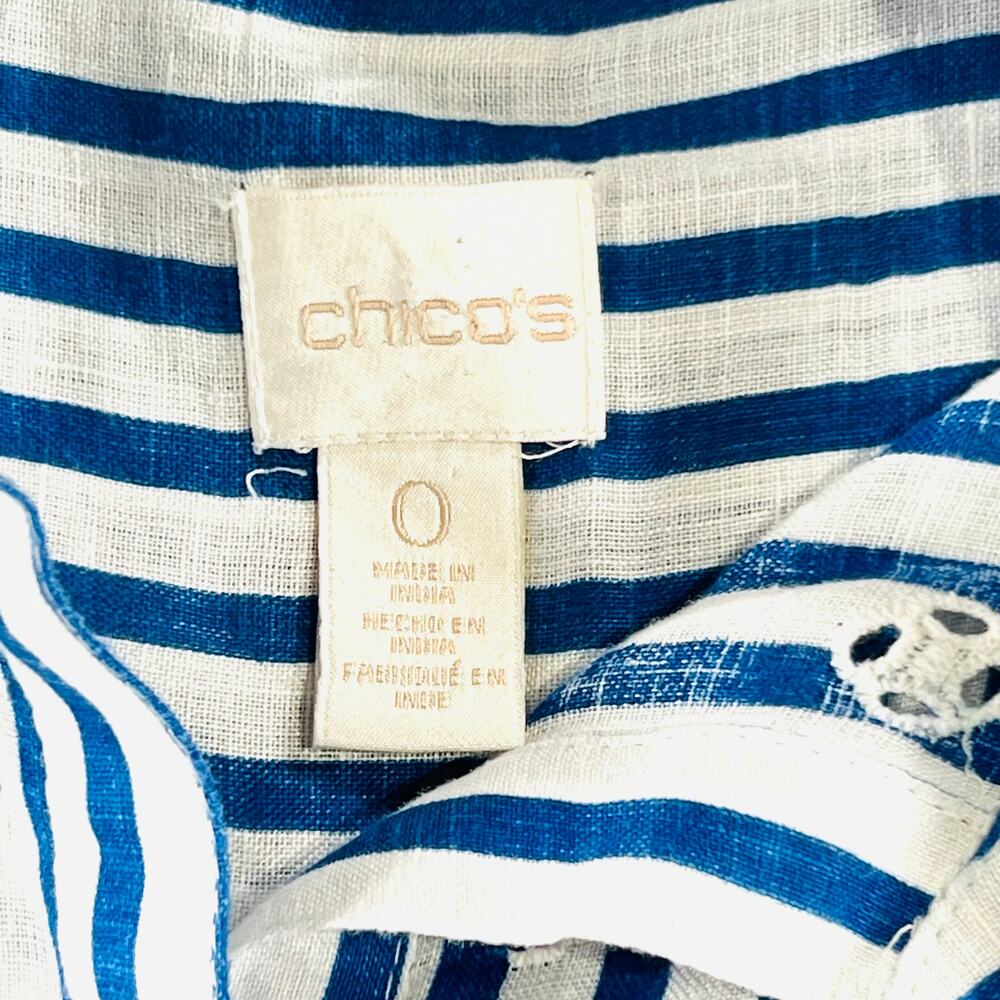 Chico's 100% Linen Striped Eyelet Button Down Shirt Blue White Size 0 / Small - Picture 6 of 8